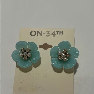 ON 34th Aqua Floral Earrings with Pearl Accents